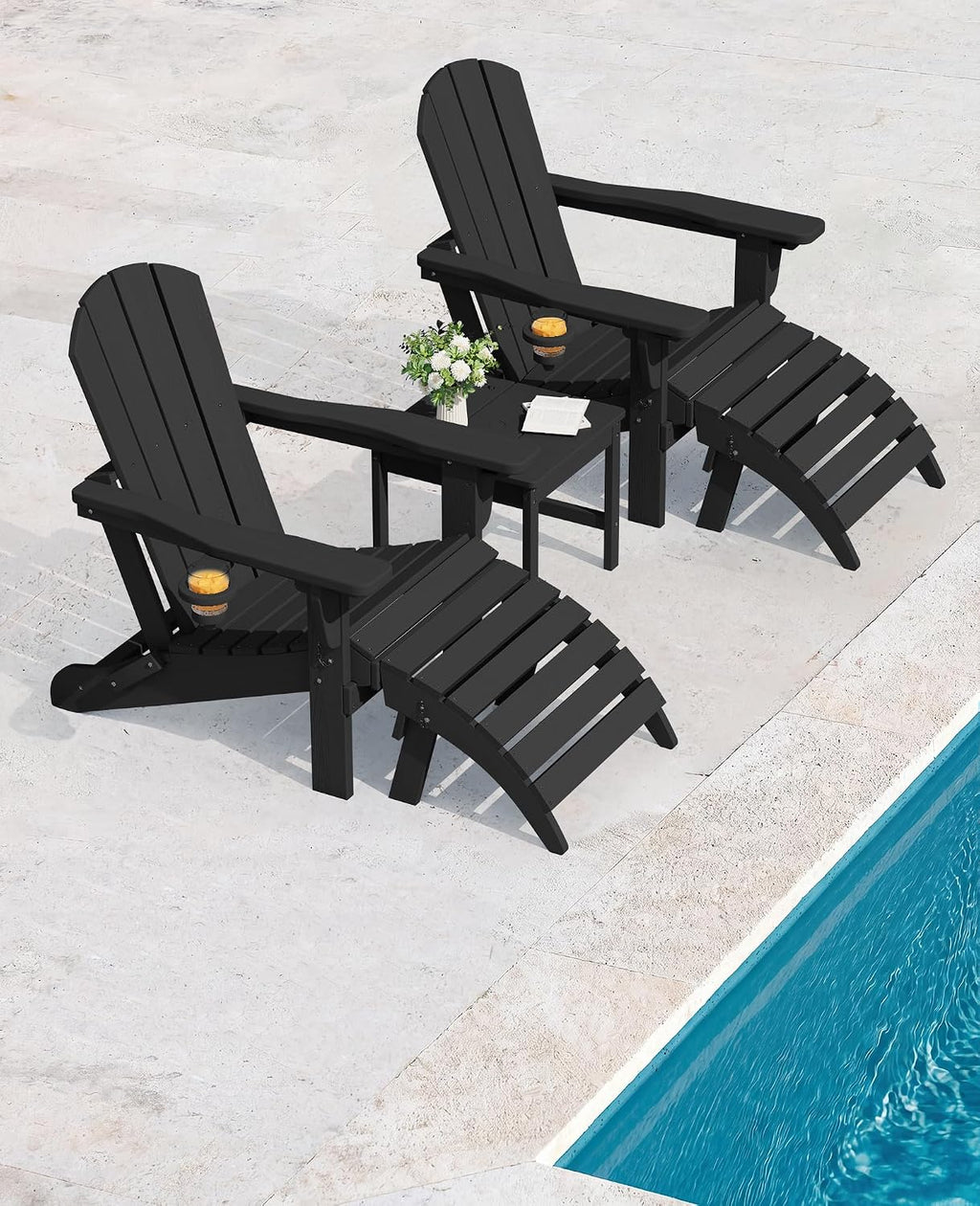 SERWALL 5-Piece HDPE Adirondack Chair and Ottoman and Table Set, Black