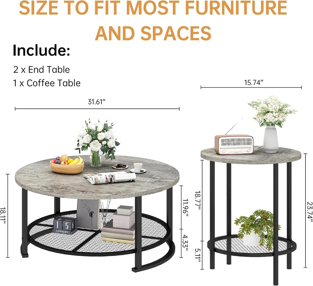 Recaceik Round Coffee Table and End Table Set of 3 with Storage, Modern Vinta...