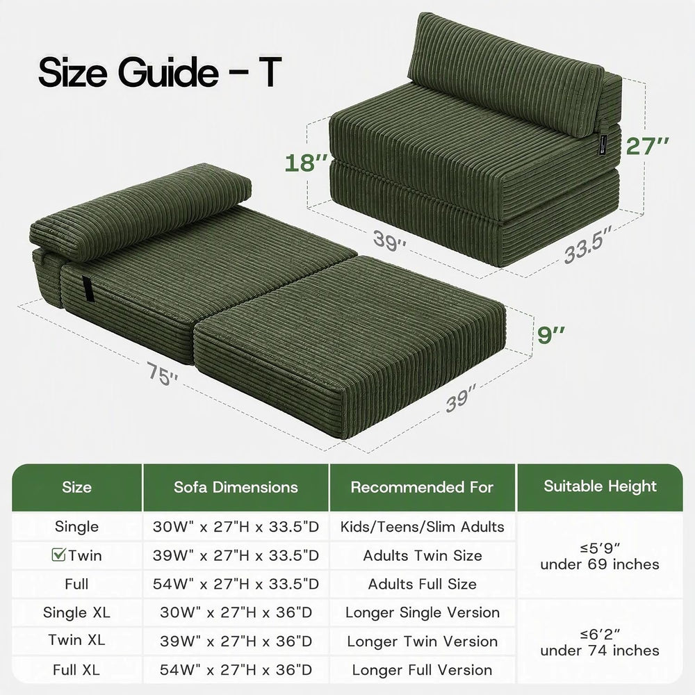 Folding Sofa Bed Convertible 4 in 1 Sleeper Chair Green Twin