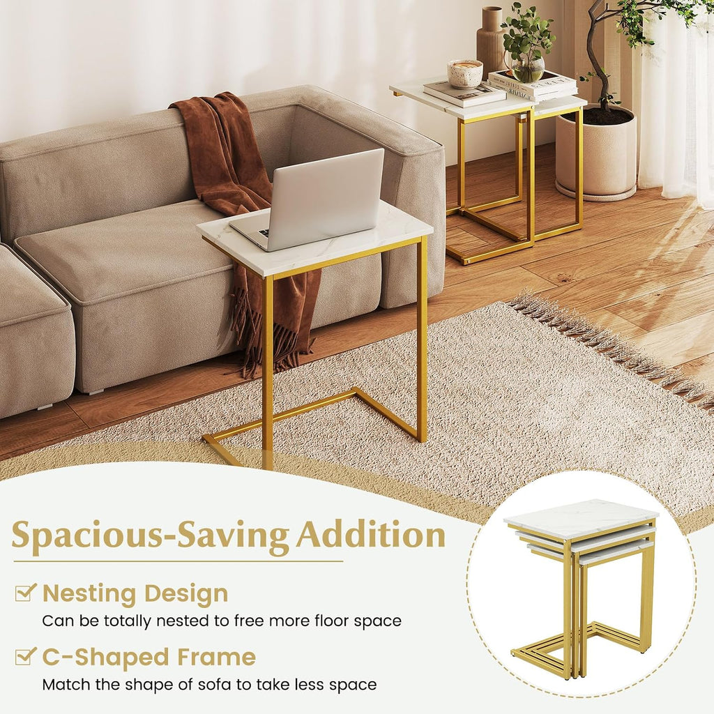GIANTEX Nesting Coffee Table Set of 3, Stackable Square End Table, White | Faux Marble Tabletop, Heavy-Duty Metal Frame, Farmhouse C-Shaped Accent Table for Small Space, Living Room, Bedroom