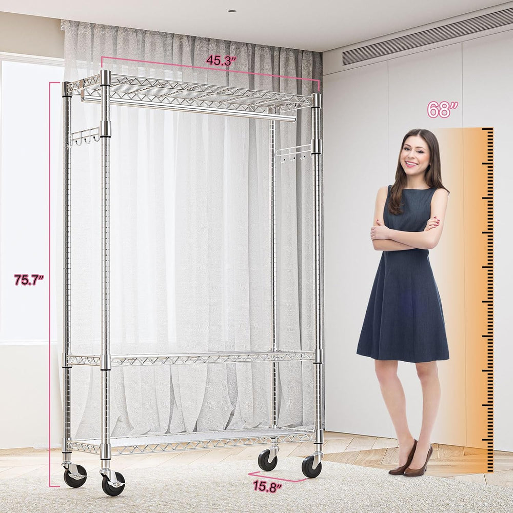 M MZG Heavy Duty Rolling Garment Rack 3 Tiers Adjustable Wire Shelving Clothe...