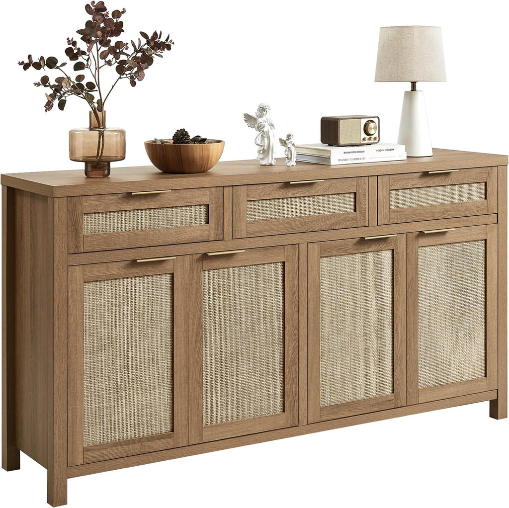 HOKYHOKY 63" Rattan Sideboard Buffet Cabinet, Boho Storage Cabinet