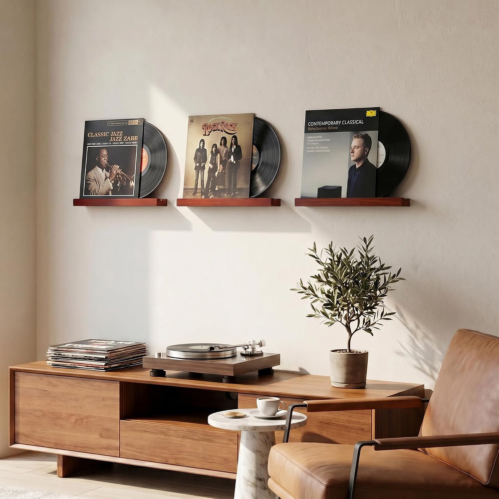 Heimlove Vinyl Wall Mount Solid Wood Record Shelf Display, Brown, 6 Pack