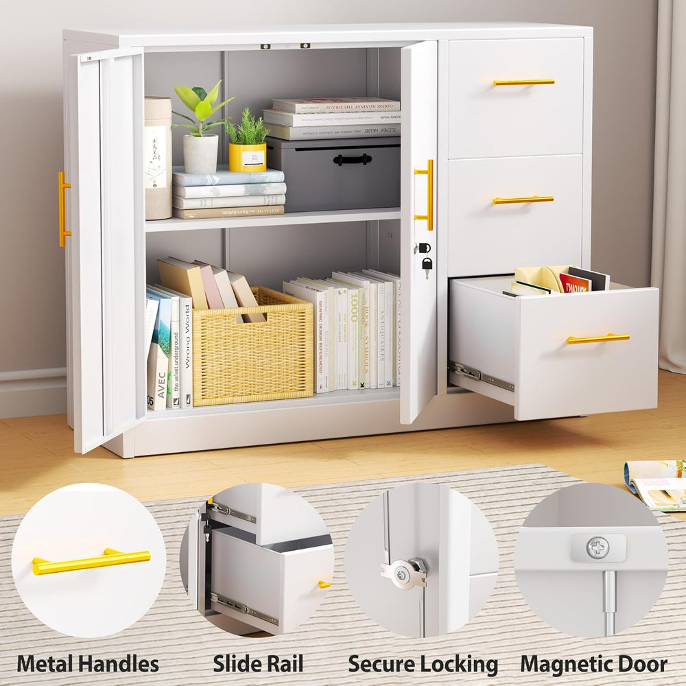 PAOFIN Sideboard Buffet Cabinet, Metal Storage Cabinet with 2 Doors and 3 Dra...