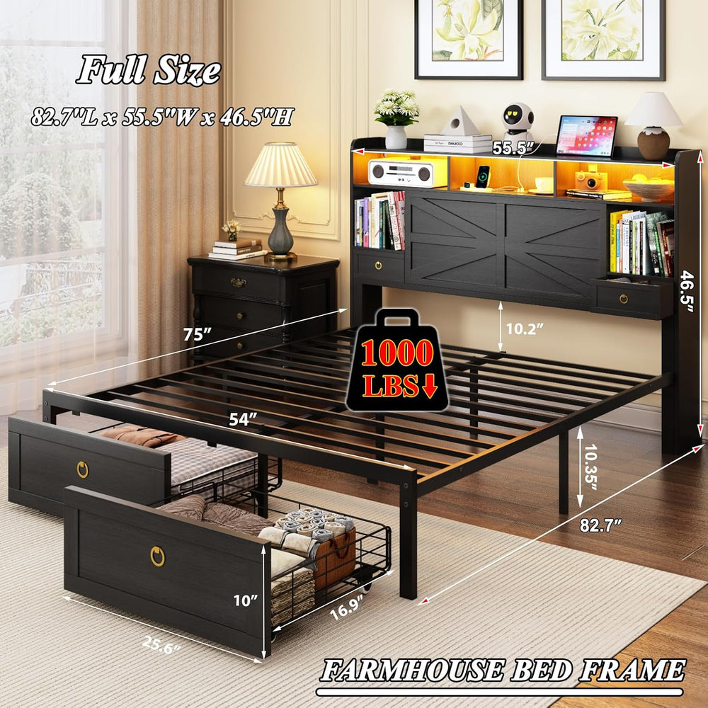 Full Bed Frame with Storage Headboard, Farmhouse Platform Bed Frame with Book...
