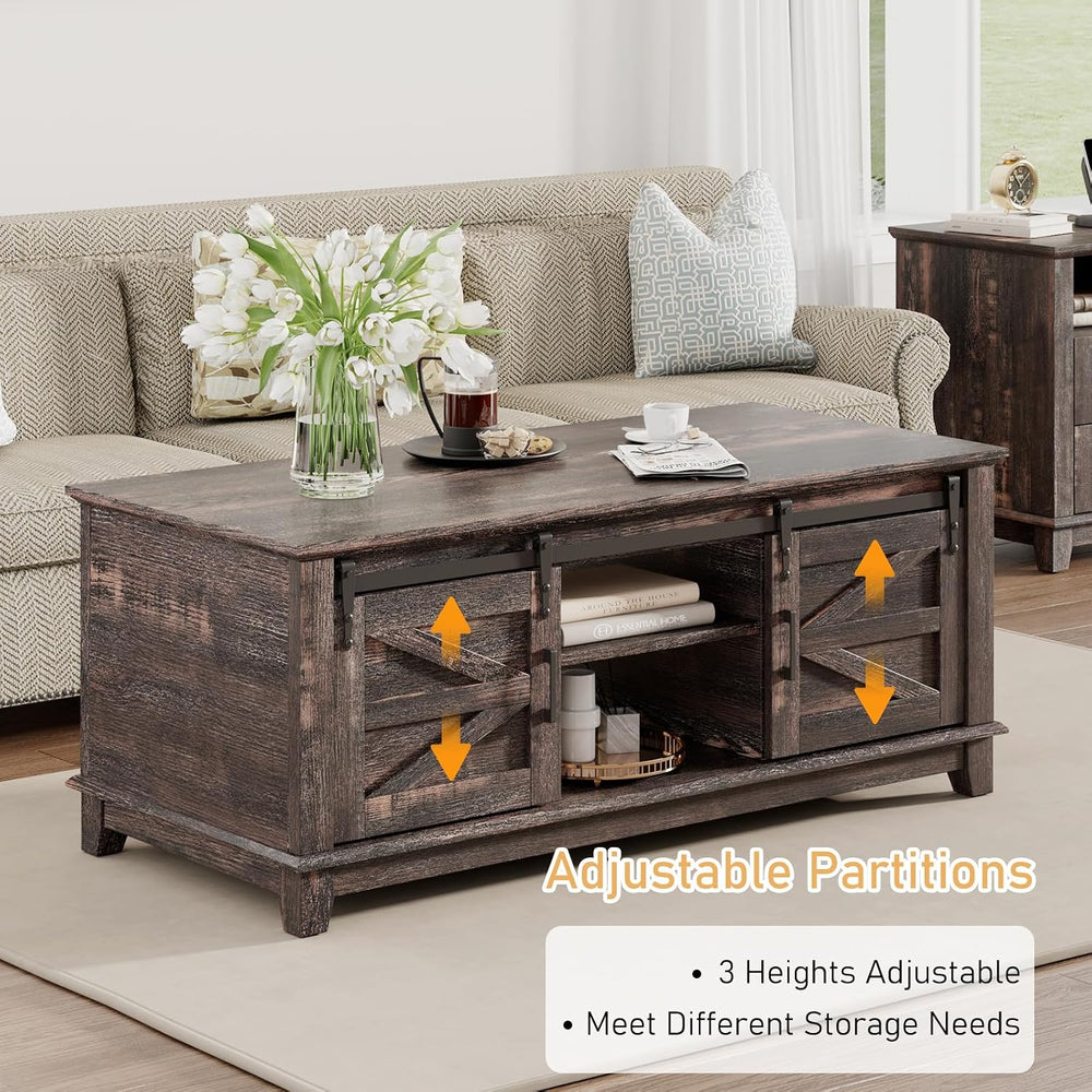 LUXOAK 48" Farmhouse Coffee Table with Sliding Barn Doors, Dark Rustic Oak