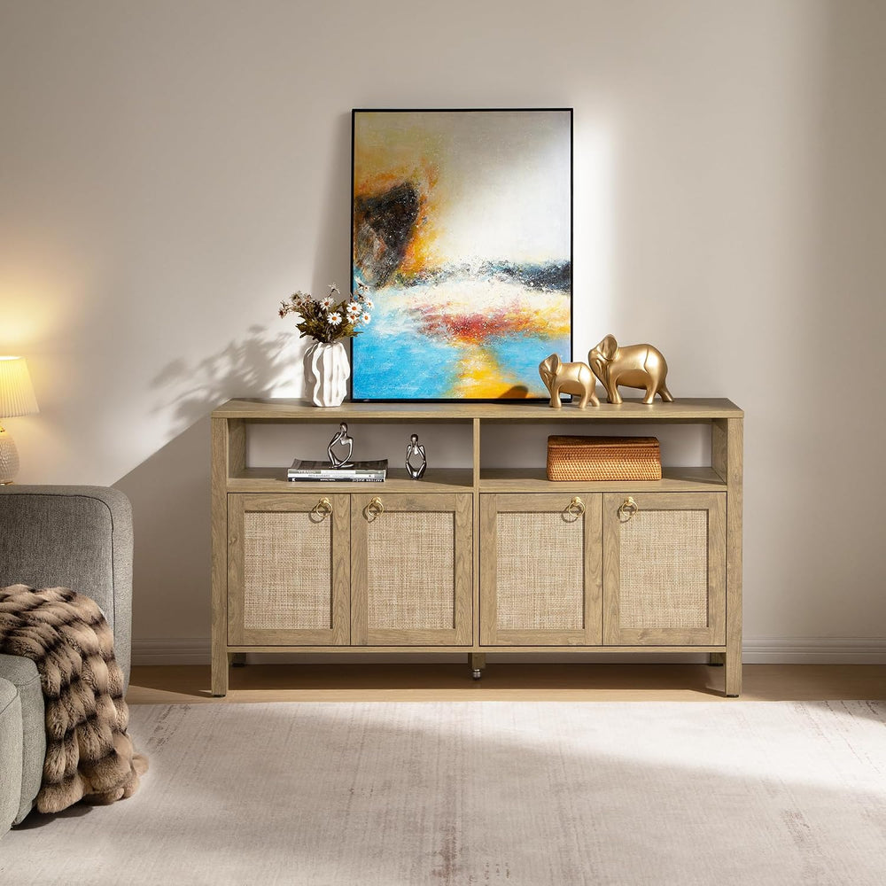 SICOTAS Rattan TV Stand Entertainment Center Storage Cabinet with 4 Doors