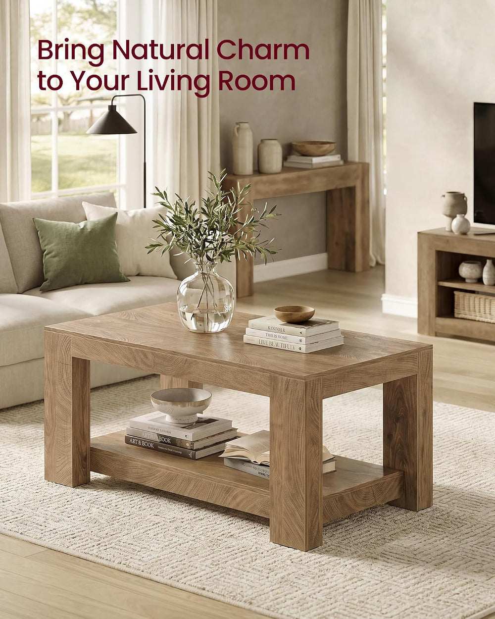 VASAGLE Coffee Table, 2-Tier Center Table with Rustic Charm and Clean Lines