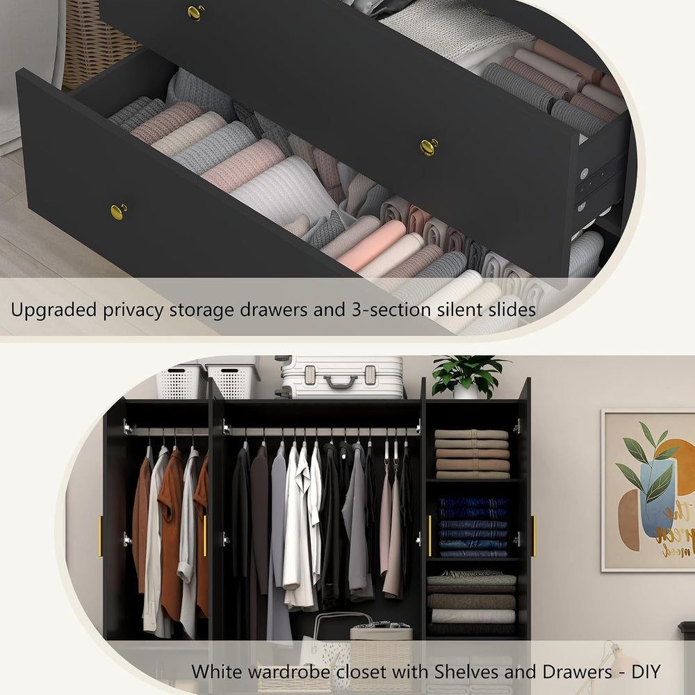 jiteentarou 4 Door Wardrobe Closet with Mirrors and LED Lights, Bedroom Armoi...