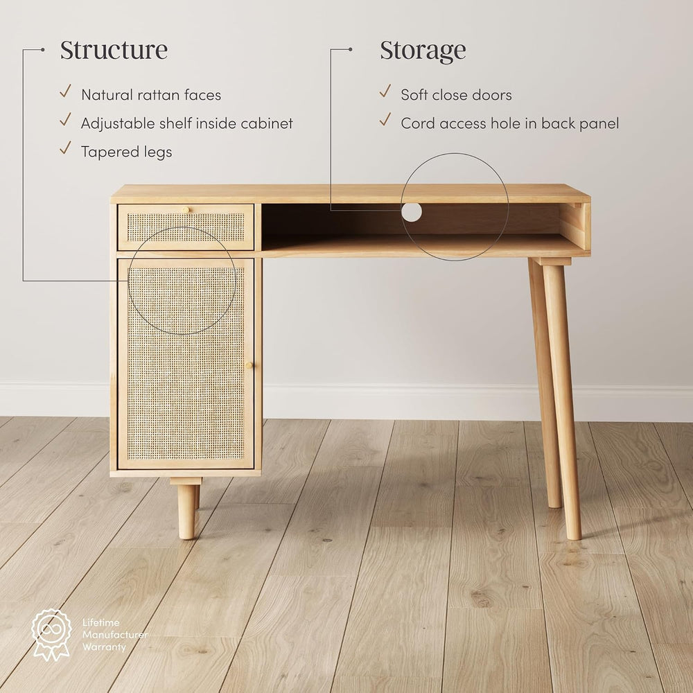 Nathan James Aaron Modern Desk with Storage, Natural Rattan Table with Square...