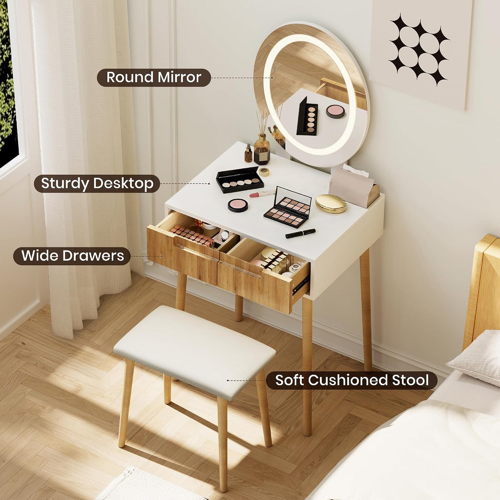 Pamapic Small Makeup Vanity Desk with Mirror and Lights, Girls Vanity with Cushioned Stool, 3 Lighting Modes Dressing Table, Compact Make Up Table with Drawers Bedroom, Natural Oak