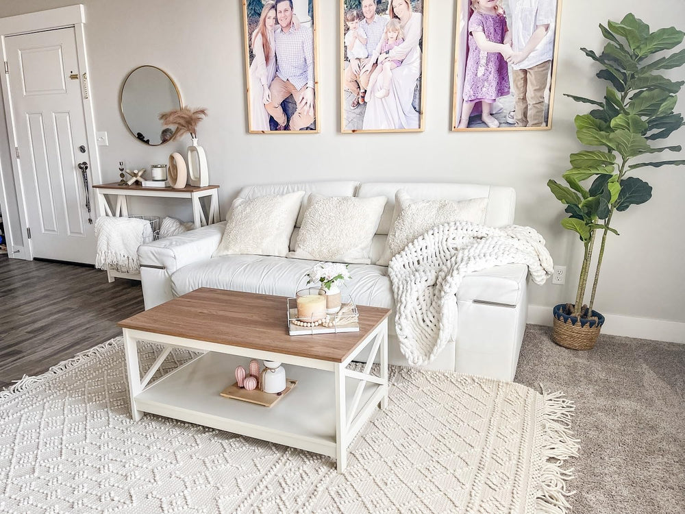 PHI VILLA White Farmhouse Coffee Tables with Storage for Living Room