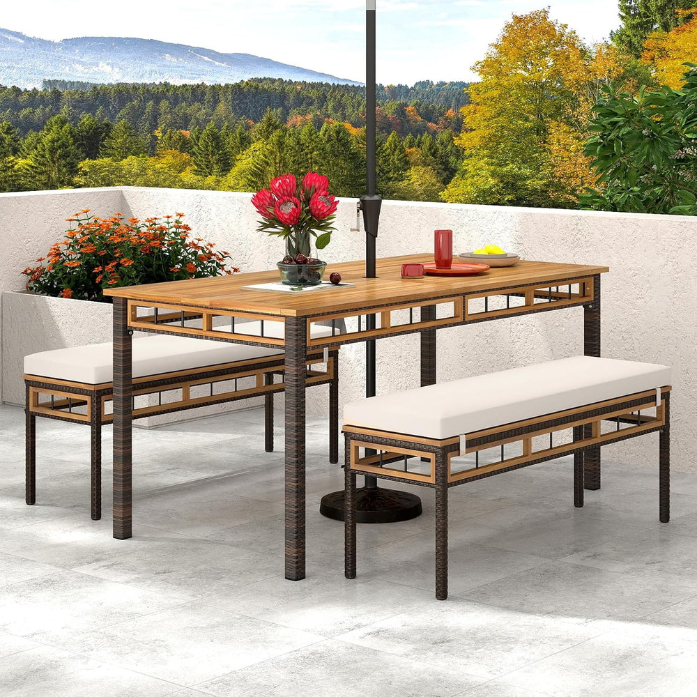 Tangkula 3 Pieces Wood Patio Dining Set, Outdoor PE Wicker Rectangular Acacia...