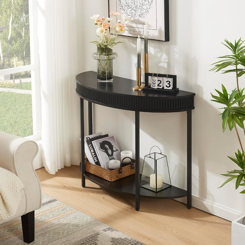 Fluted Half Moon Console Table, Modern 2-Tier Black Entryway Console