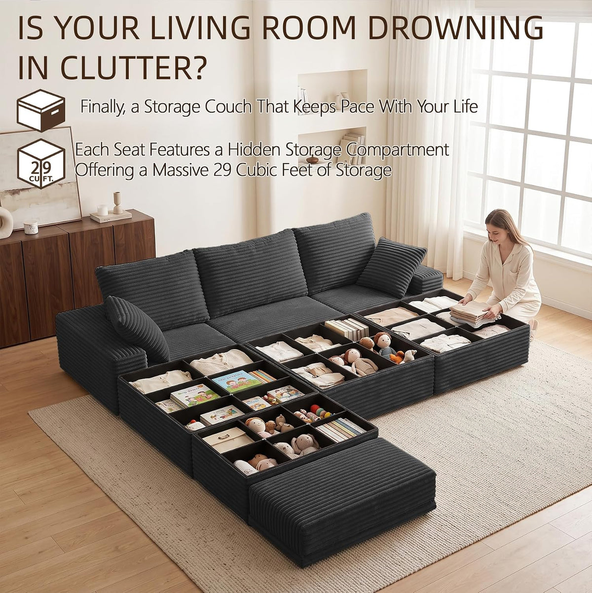 107" L-Shaped Modular Sectional Sofa with Movable Ottoman, Oversized Boneless Couch with Storage for Living Room, Corduroy Cloud Couch with High-Back Extra Deep Seats, No Assembly, Dark Grey