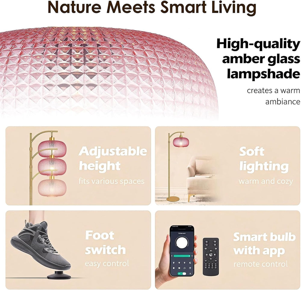 Glass Floor Lamp for Living Room,Modern Standing Lamp with Pink Lamp Shade