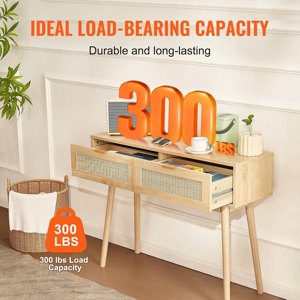 VEVOR Rattan Console Table with 2 Storage Drawers, Rattan Entryway Table with...