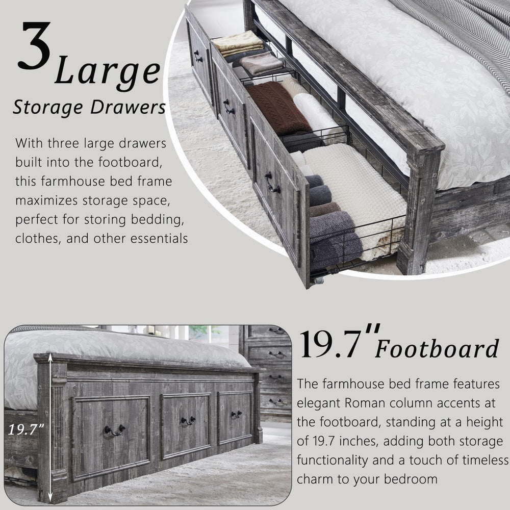 Aitjunz Farmhouse King Size Bed Frame w/51 Tall Headboard, Light Grey