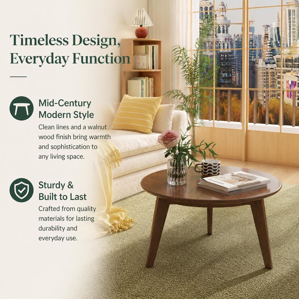 100% Solid Wood Round Coffee Table, Small Coffee Table w/Sturdy Legs, Wood Si...