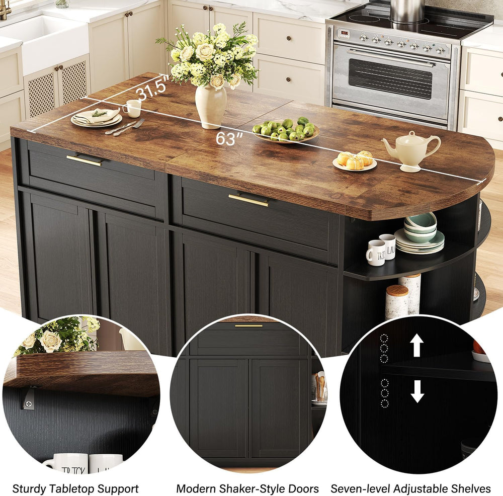 HSH 63 Inch Large Kitchen Island with Storage and Seating, Rustic Brown