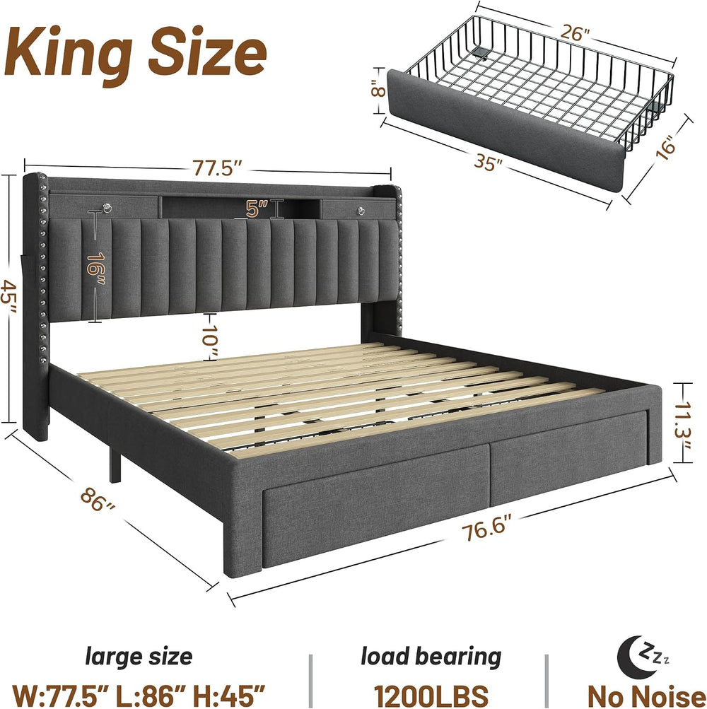 CypBed King Bed Frame with 4 Storage Drawers and Headboard,Charging Station