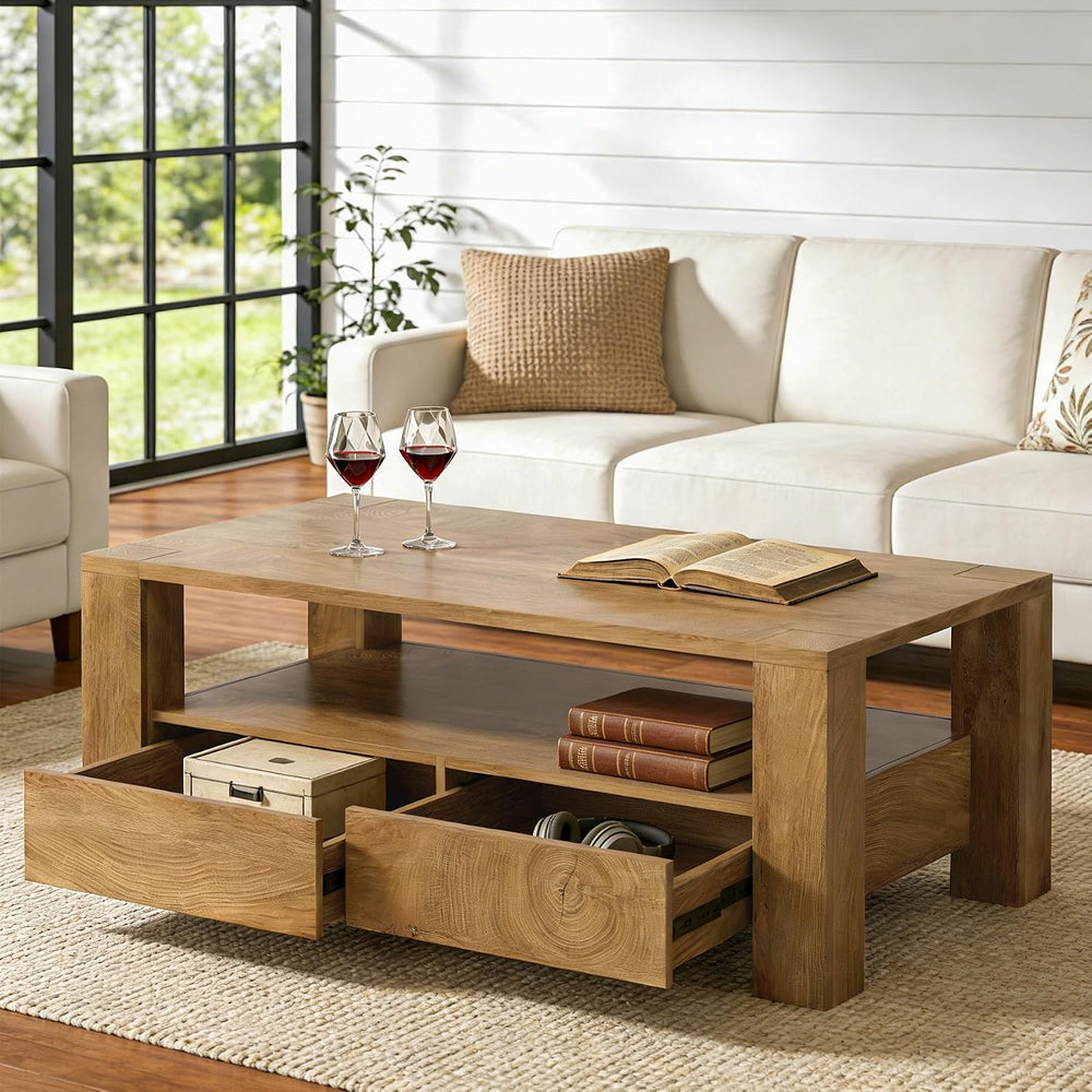 Tribesigns Farmhouse Coffee Table with Storage, 47" Large Rectangle Coff...