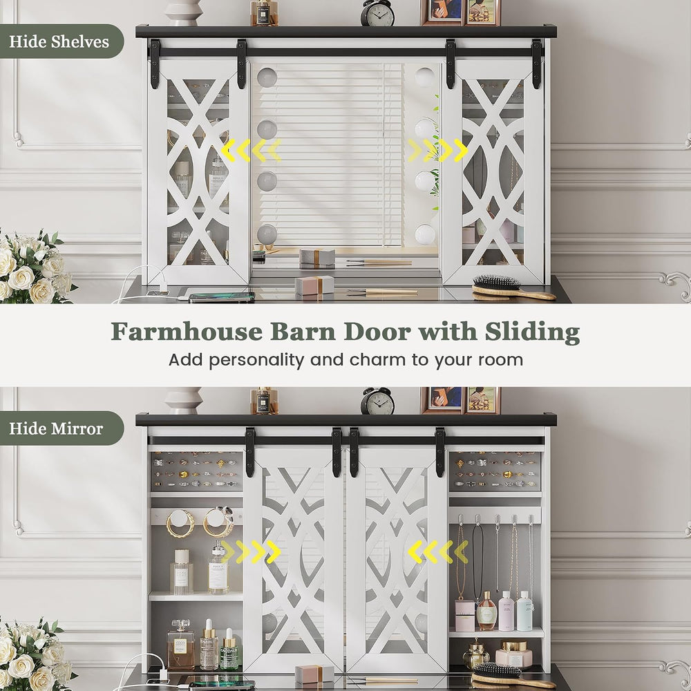 TAGELIER Farmhouse Large Makeup Vanity with Mirror & Lights