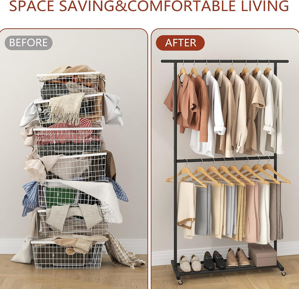 Sywhitta Double Rod Metal Clothing Rack on Wheels with Bottom Mesh,Black