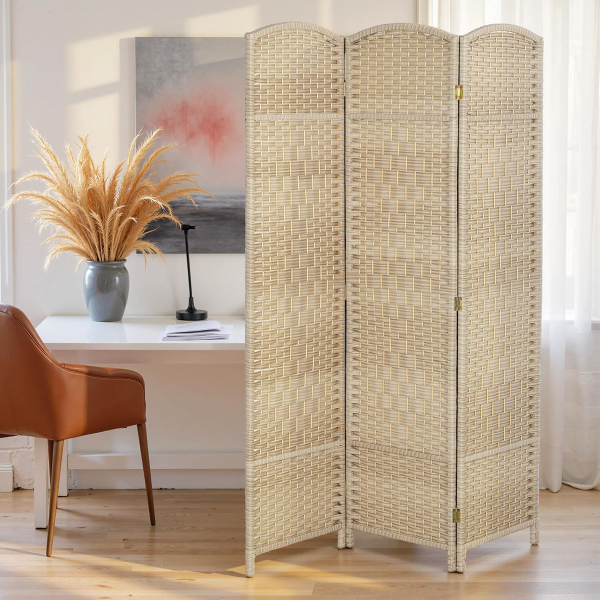 HOMCOM 3 Panel Room Divider 6 Ft Privacy Screen Hand-Woven Washed Oak