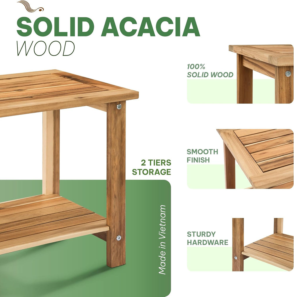 Acacia Wood Adirondack Side Table, 2-Tier Outdoor End Table - White Oak
