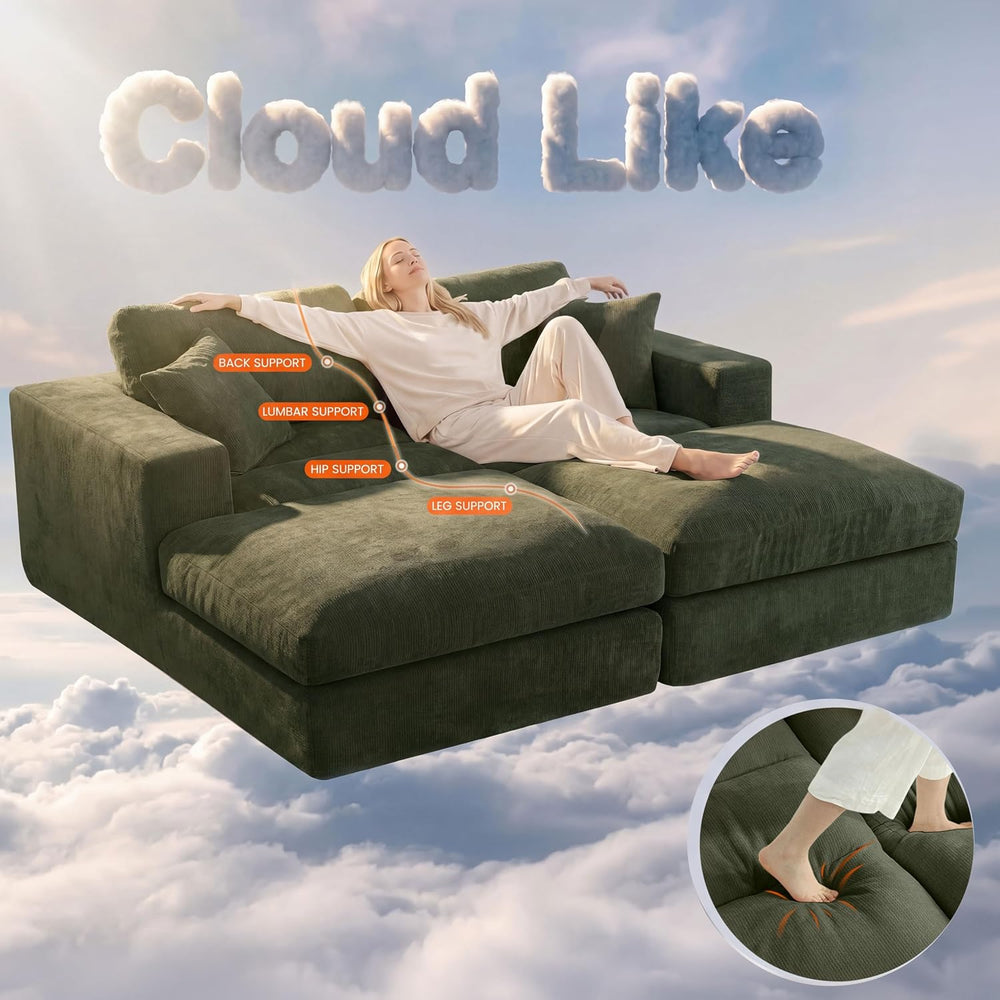 Oversized Double Chaise Lounge Chair, Cloud Boneless Sofa Bed, Green