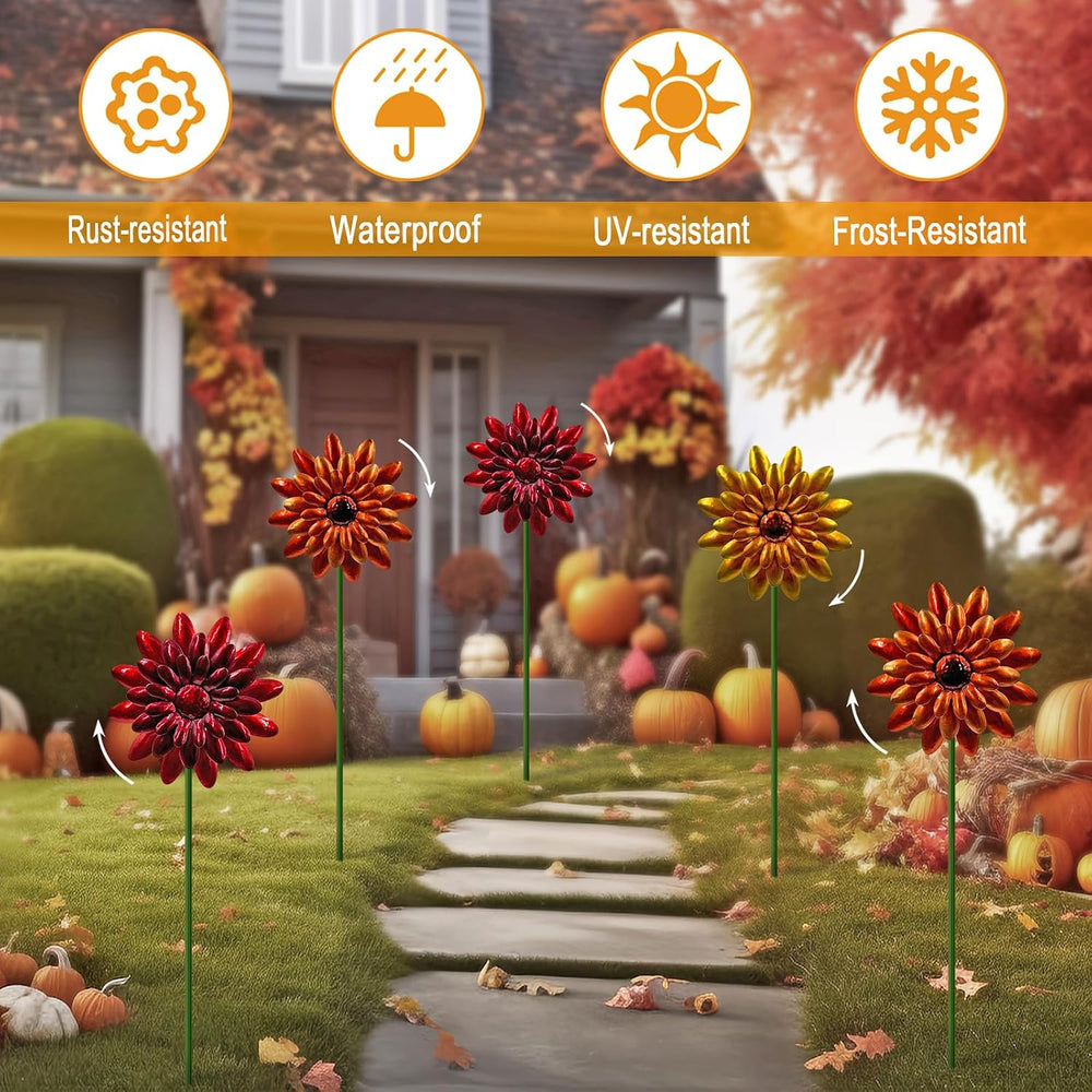 5 Pack Metal Autumn Mums Wind Spinner Garden Stake,Outdoor Fall Decorations