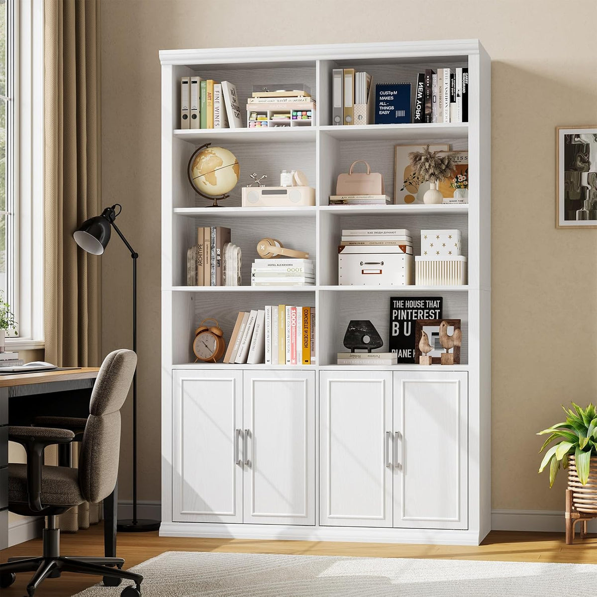 Rresyet 42" W Double Bookcase and Bookshelf with Doors, White