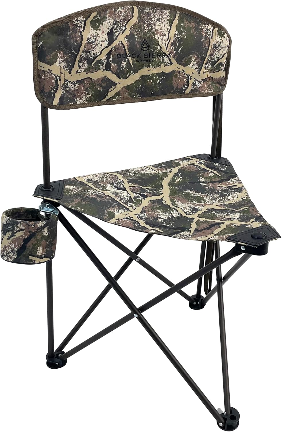 Black Sierra Folding Hunting Stool w Backrest & Cup Holder, 225 lb Capacity