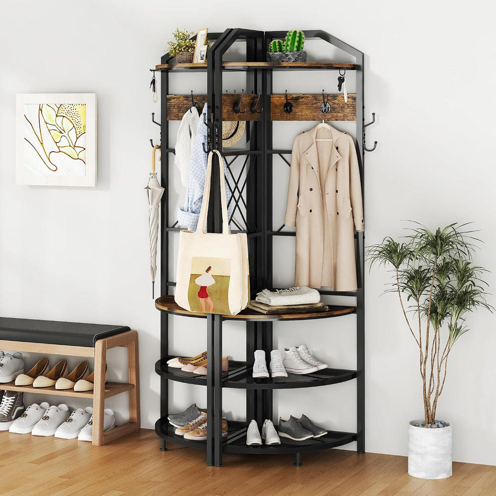 Corner Coat Rack with Storage, Entryway Hall Tree with Shoe Rack and Hooks, F...
