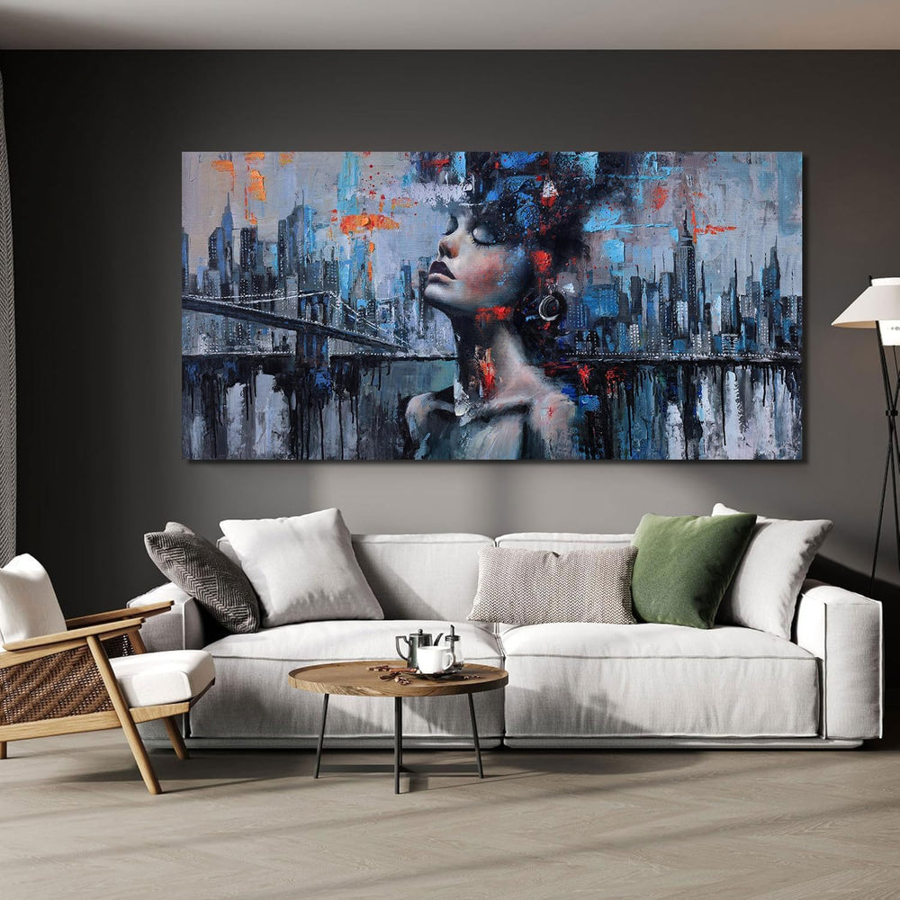 Navy Blue Abstract Wall Art Woman Picture for Living Room Modern Home Bedroom...