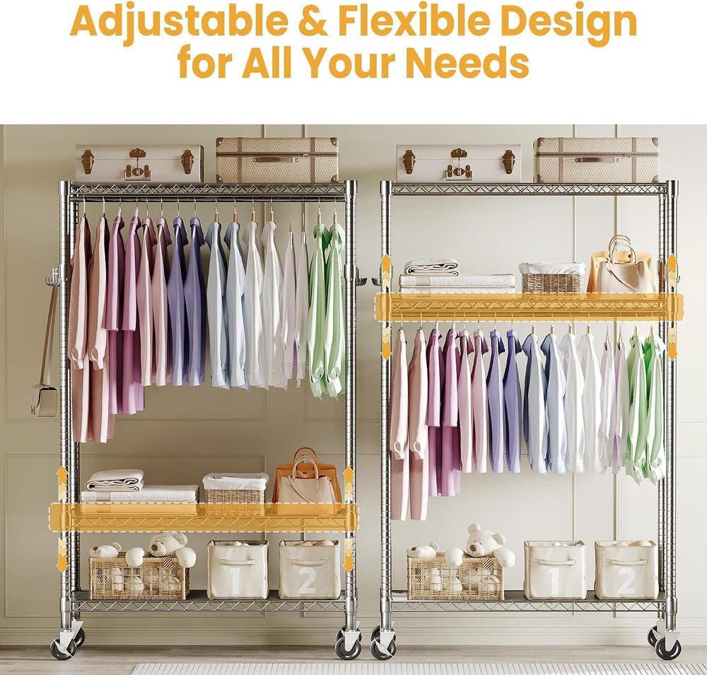 Garvee 3 Tier Clothes Rack with Wheels Portable Closets Adjustable Shelves