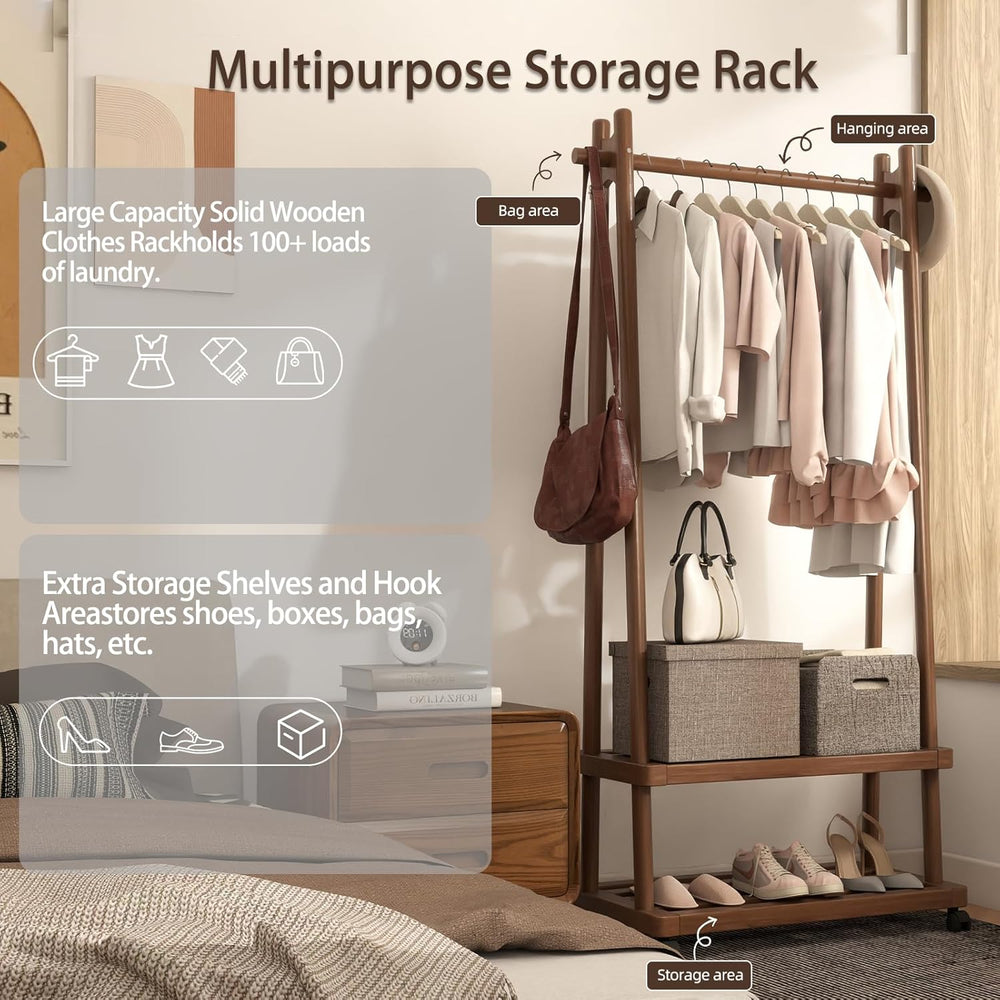 Solid Wood Clothing Rack with Wheels, Garment Rack Shelves, 31.5"W WALNUT