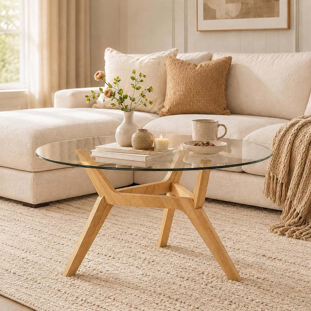 Vlsrka Round Glass Coffee Table, Boho Soild Wood Base, 31.5" W, Wood