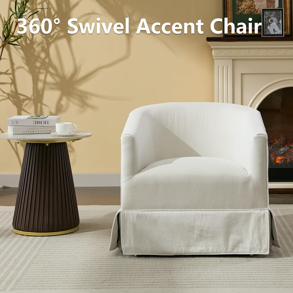 Swivel Accent Chair, Barrel Chair with Skirted Base, Cream White
