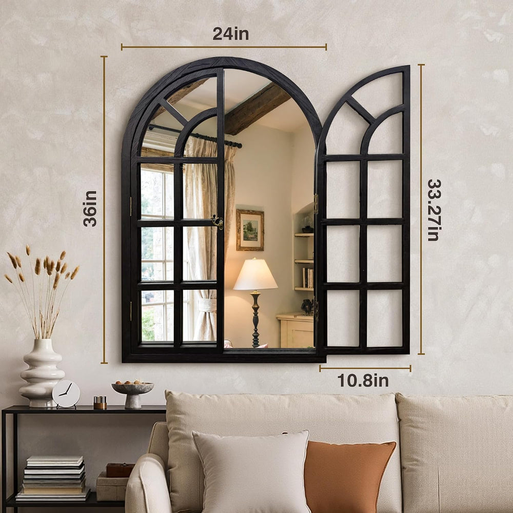 Arched Rustic Farmhouse Wood Mirror for Wall, 24" x 36", Black