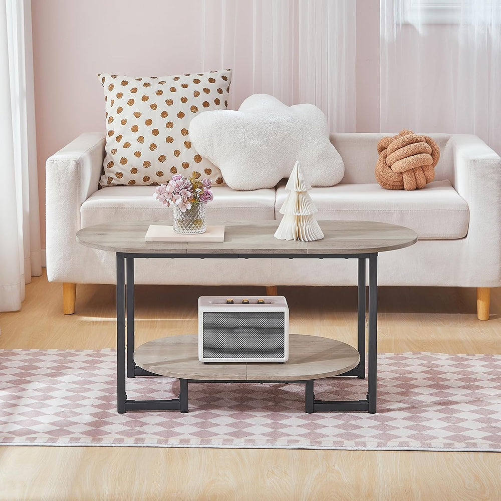HOOBRO Coffee Table for Living Room, Oval Small Coffee Table with 2-Tier Open...