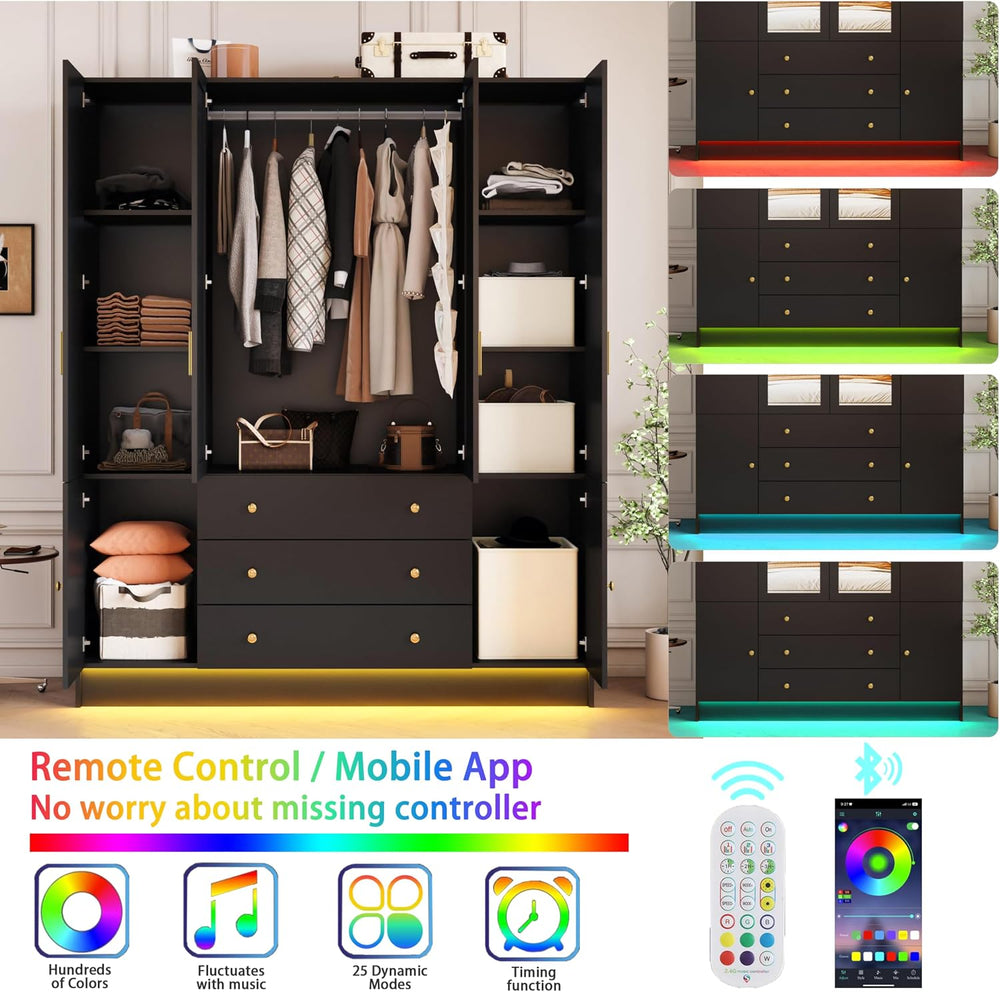 4 Doors LED Armoire Wardrobe Closet with Mirror, 75" Tall Modern Wooden ...