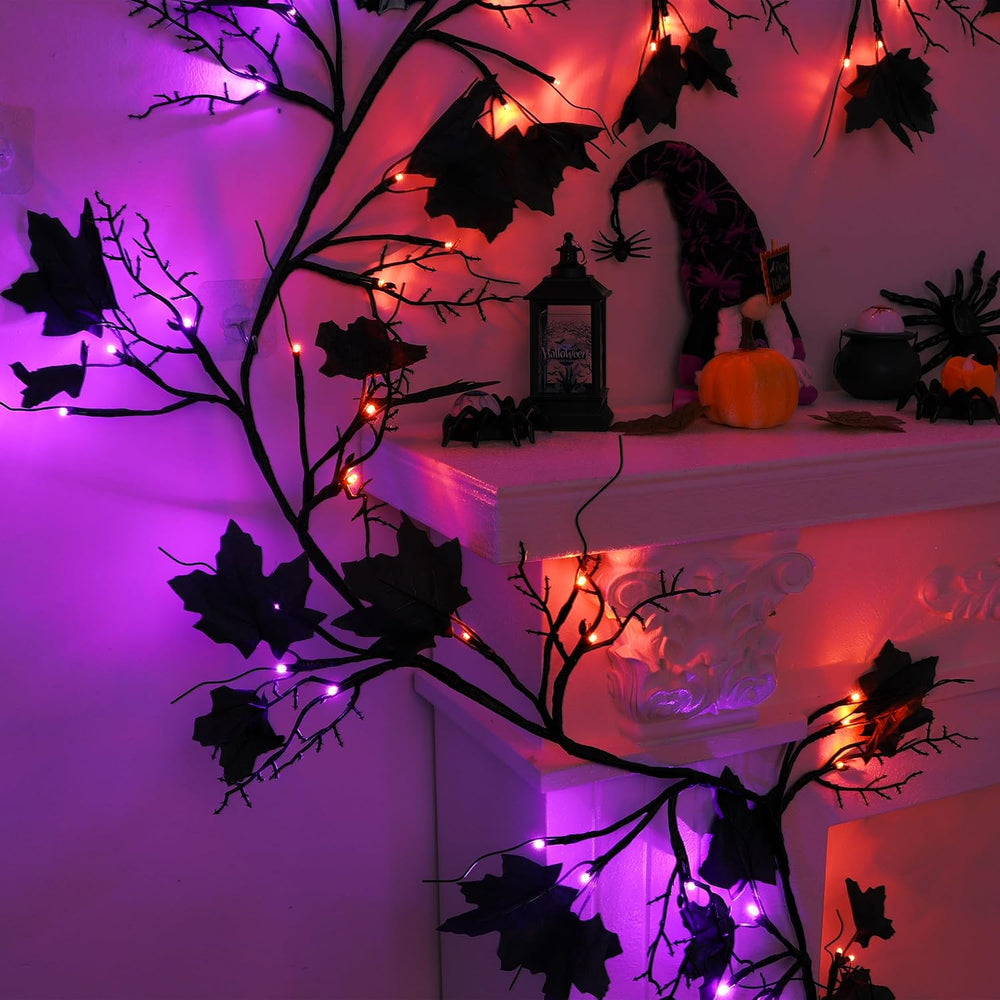 FLYSNK 9 FT 72 LED Halloween Willow Vine Twig Decorations With Orange & P...