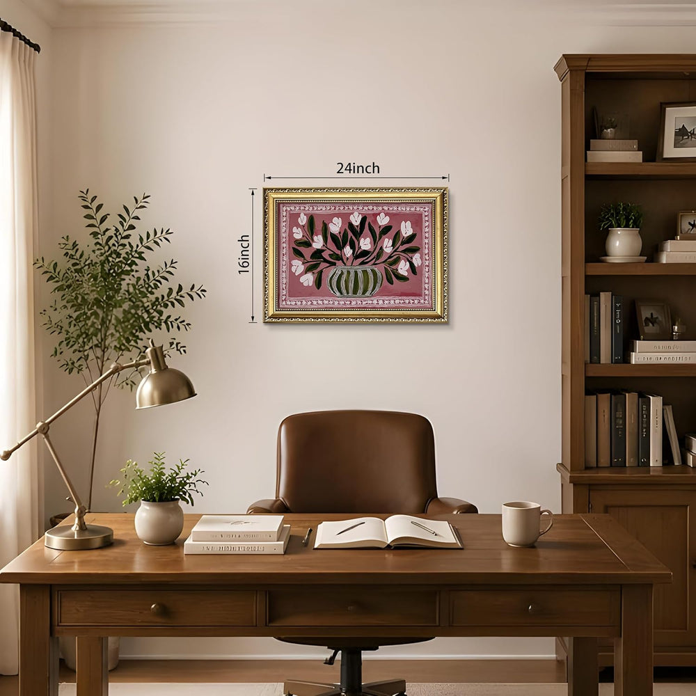 Gold Framed Vintage Floral Wall Art, Retro Vase White Flower Print, 16x24in