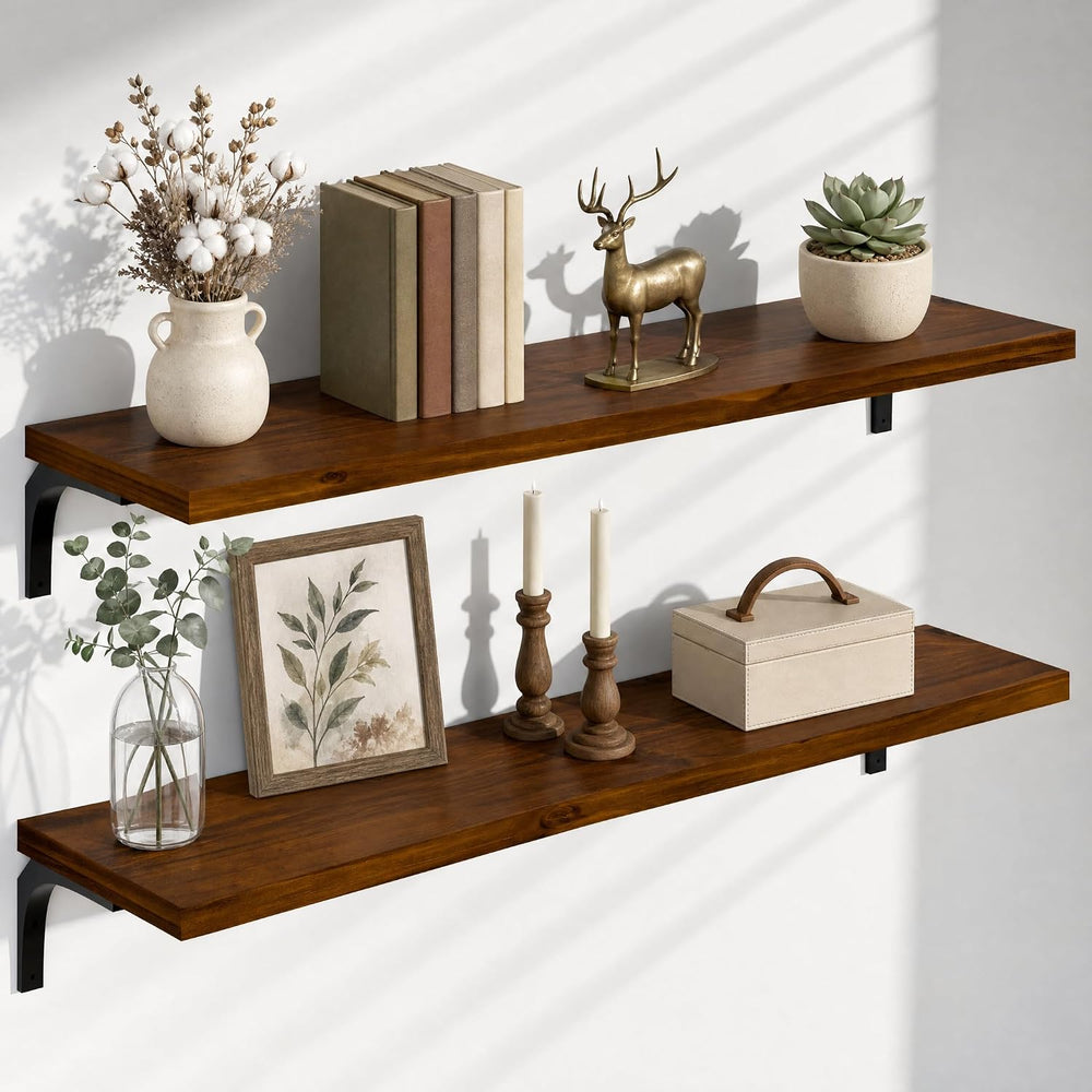 Deep Floating Shelves for Wall 48 Inch Pine Wood, Set of 2, Walnut