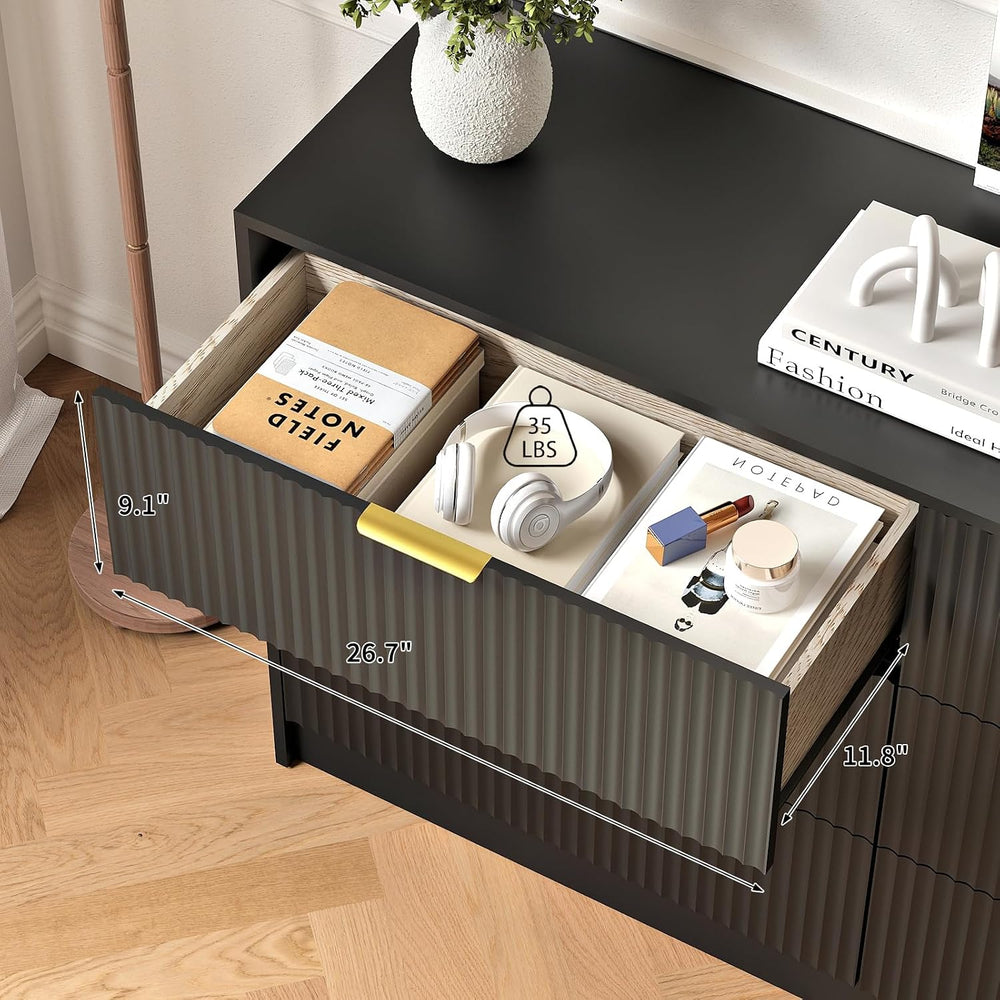 3-Piece Modern Bedroom Furniture Set, Black丨6-Drawer Dresser & 2-Drawer N...