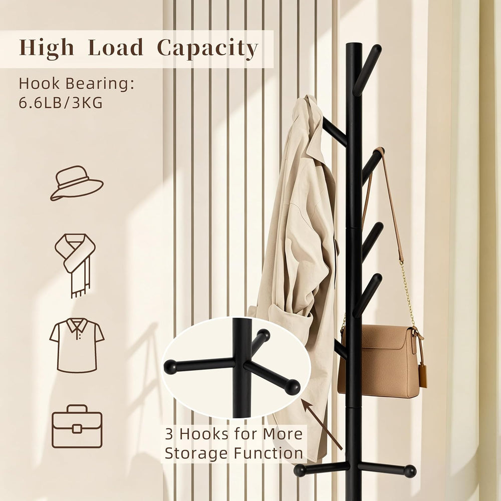 Nianerfaya Solid Wood Coat Rack, Free Standing Hall Coat Tree, Black