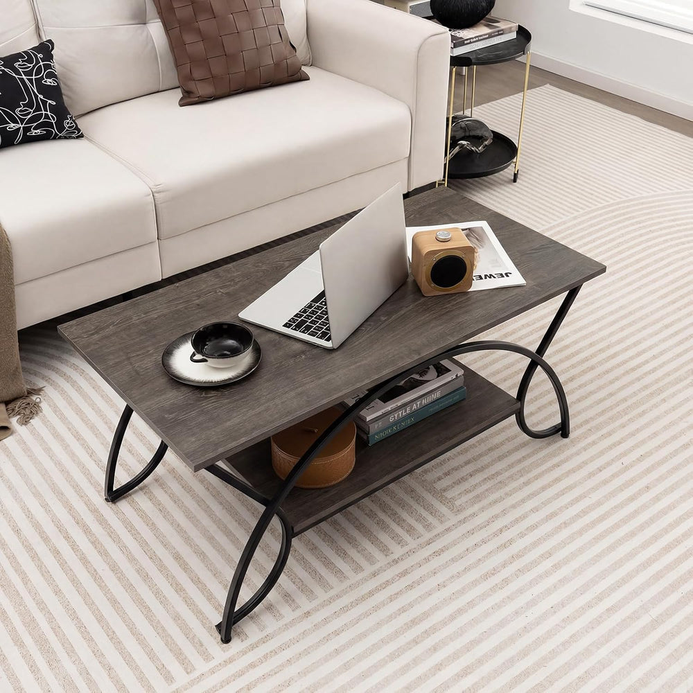 GIANTEX 2-Tier Coffee Table with Storage, 39.5" Wood Center Table, Grey Oak