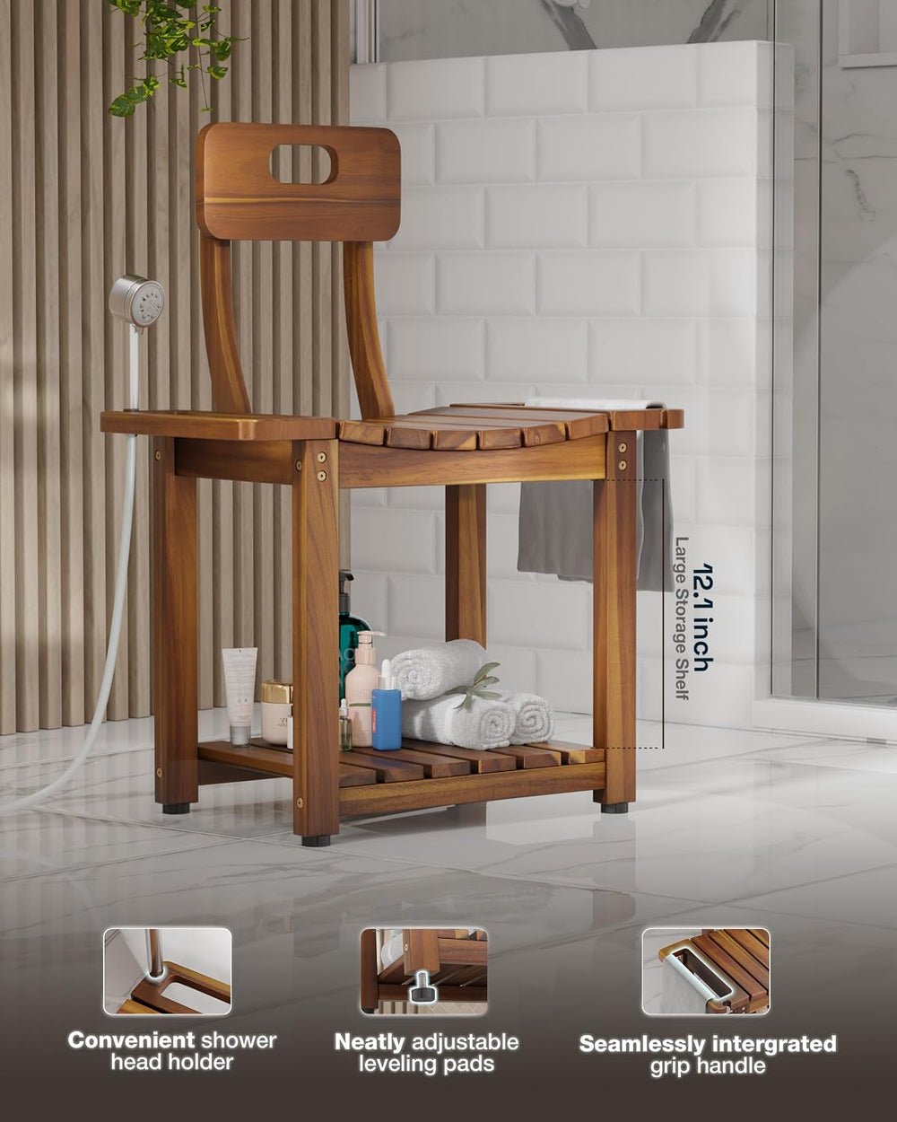 BLUEWEST 23.4 Inch Shower Chair with Backrest, 450 lb Capacity, Acacia Wood